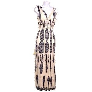 Ruched Empire Waist Tie Shoulder Graphic Print Grecian Maxi Dress, Women's Sz S